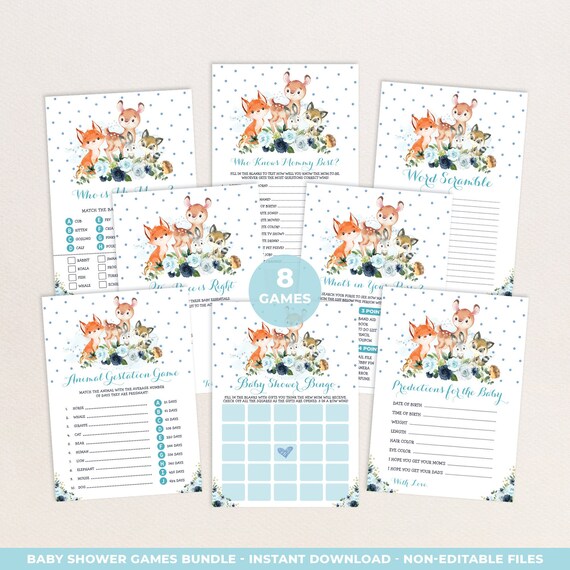 Boy Woodland Baby Shower Games, 8x Navy Floral Forest Animals Printable Games Bundle, Blue Glitter Party Games, Instant Download, WOOD22 Il_570xn