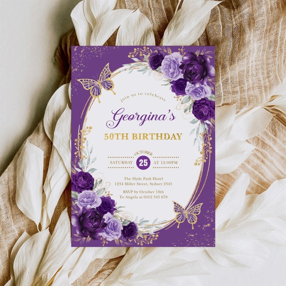 Editable 50th Birthday Invitation Floral Purple & Gold Template Corjl Customizable Invite for Women with Butterflies Printable JPEG PDF FLO9