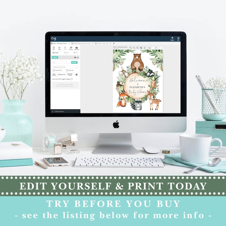 May include: A computer screen displaying a digital template for a baby shower invitation. The invitation features a woodland theme with animals like a bear, fox, deer, and owl. The text on the invitation reads "Welcome to Elizabeth's Baby Shower".