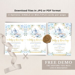 Boy Baby Shower Tea Party Invitation, Baby is Brewing Baby Brunch Invite, Blue Gold Floral Par-Tea Printable Editable Template, FLO43 image 3