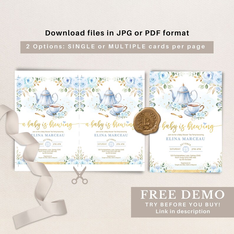 Boy Baby Shower Tea Party Invitation, Baby is Brewing Baby Brunch Invite, Blue Gold Floral Par-Tea Printable Editable Template, FLO43 image 3