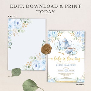 Boy Baby Shower Tea Party Invitation, Baby is Brewing Baby Brunch Invite, Blue Gold Floral Par-Tea Printable Editable Template, FLO43 image 4