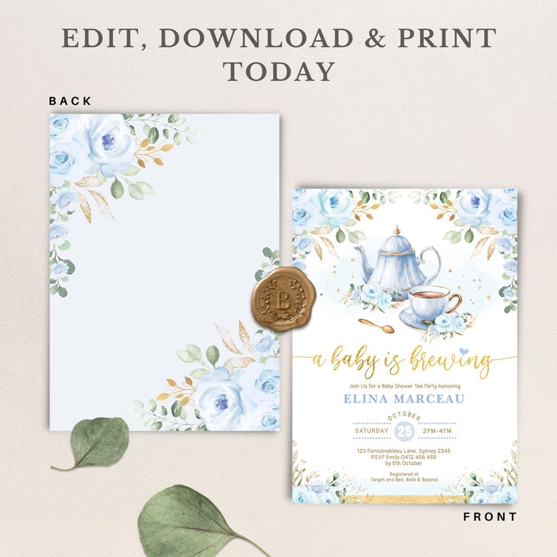 Boy Baby Shower Tea Party Invitation, Baby is Brewing Baby Brunch Invite, Blue Gold Floral Par-Tea Printable Editable Template, FLO43 image 4