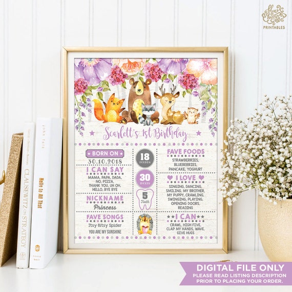 Girl Woodland 1st Birthday Chalkboard Poster. Purple Floral Baby Animals Milestone Printable. Forest First Birthday Printable Sign. PUR4 Il_570xn