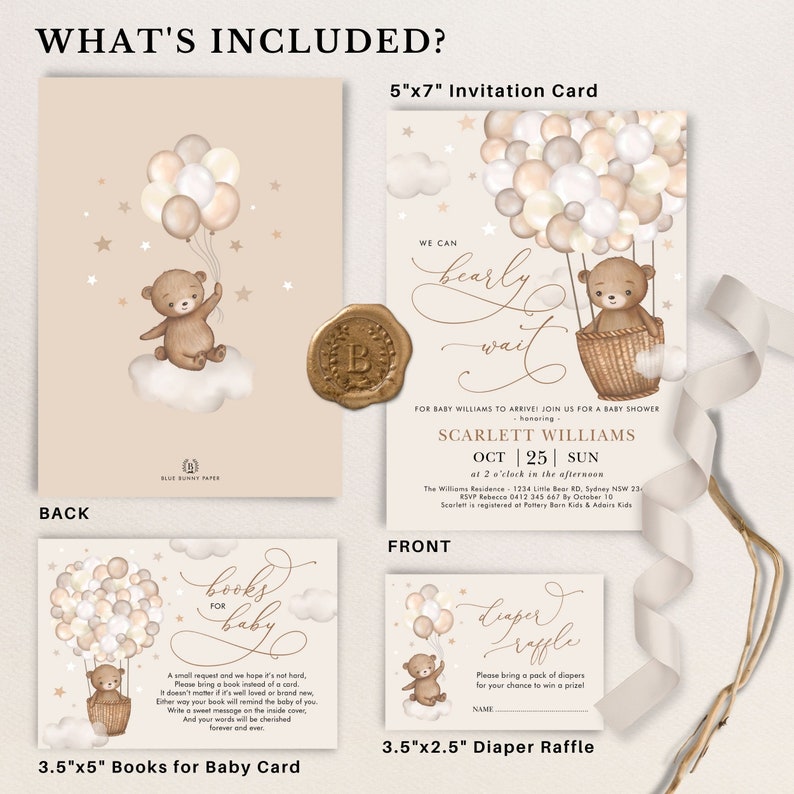 We Can Bearly Wait Baby Shower Invitation Bundle, EDITABLE Teddy Bear