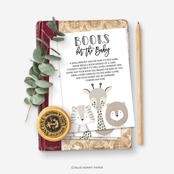 Modern Safari Baby Shower Books for Baby Card. Jungle Bring a Book Card Printable. Wild Animals