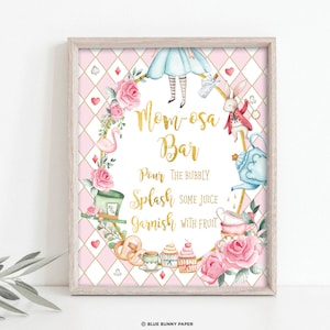 Alice in Wonderland Momosa Bar Sign Mad Hatter Tea Party Baby Shower Printable Mimosa Bar Cocktail Drink Sign Pink Gold INSTANT DOWNLOAD AL1