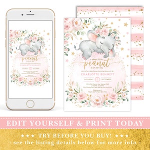 May include: A pink and gold baby shower invitation with a watercolor illustration of a sleeping elephant wearing a floral crown. The text reads "A sweet little peanut is on her way" and "Charlotte Bennett".