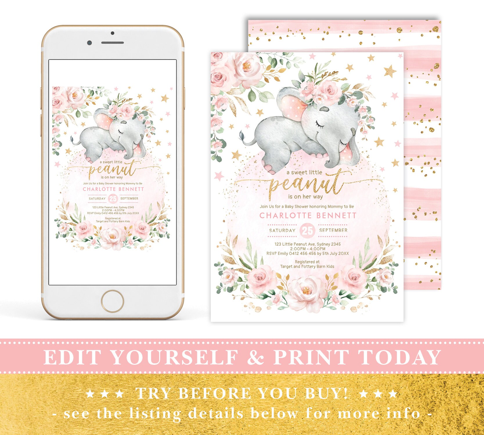 Girly Blush Floral Elephant Baby Shower Invitation Pink Gold - Etsy