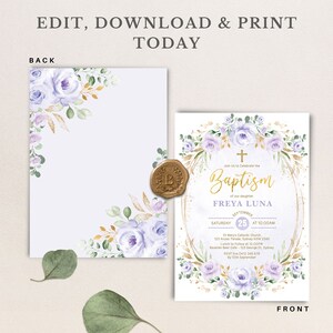 May include: Purple and gold floral baptism invitation with a gold cross and the text "Join Us to Celebrate the Baptism of our daughter FREYA LUNA September 25 at 10:00AM St Mary's Catholic Church 123 Anzac Parade, Sydney NSW 2345 Lunch to Follow at 12:00PM Bavarian Beer Cafe - 123 George St, Sydney RSVP 0412 345 678 by 10th September"