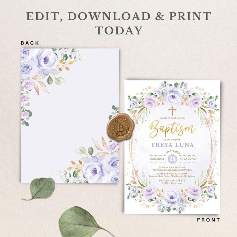 May include: Purple and gold floral baptism invitation with a gold cross and the text "Join Us to Celebrate the Baptism of our daughter FREYA LUNA September 25 at 10:00AM St Mary's Catholic Church 123 Anzac Parade, Sydney NSW 2345 Lunch to Follow at 12:00PM Bavarian Beer Cafe - 123 George St, Sydney RSVP 0412 345 678 by 10th September"