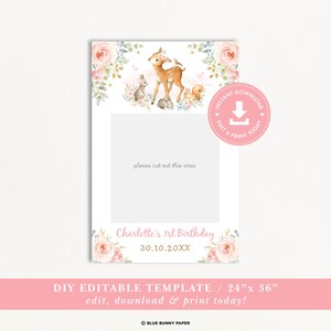 Girl Woodland Photo Booth Frame, Forest Animals Social Media Selfie Photo Booth Sign, Pink Blush Floral Birthday EDITABLE TEMPLATE, WOOD16 image 3