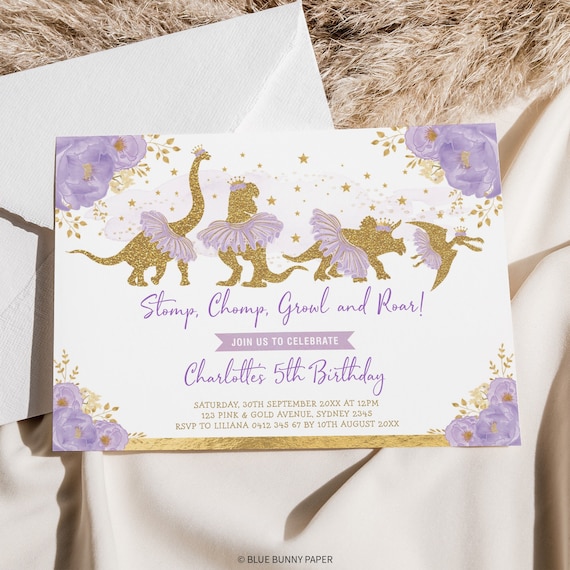 Girl Dinosaur Birthday Invitation Template Ballerina Princess Dino