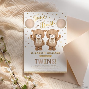 Editable Teddy Bear Twin Baby Shower Invitation, Brown Balloons Invite, Gender Neutral Baby ShowerTemplate Corjl Instant Download, BR10