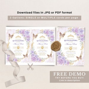May include: Purple and gold Quincea&ntilde;era invitation with a butterfly design and floral accents. The invitation features the text "QUINCEA&Ntilde;ERA Aurora Rose" and the date "OCTOBER 25".