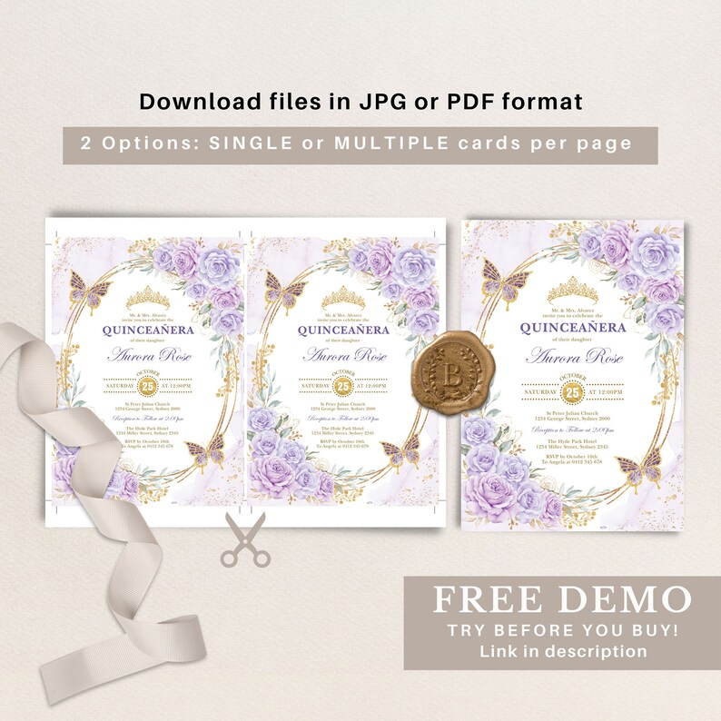 May include: Purple and gold Quincea&ntilde;era invitation with a butterfly design and floral accents. The invitation features the text "QUINCEA&Ntilde;ERA Aurora Rose" and the date "OCTOBER 25".