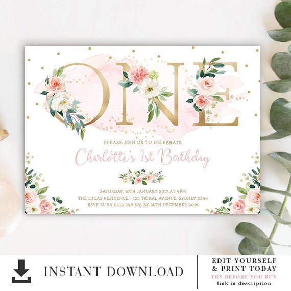 EDITABLE Blush Pink Floral 1st First Birthday Party Invitation / Elegant Watercolor Flowers Printable Invite / Instant Download / FLO27 Il_570xn