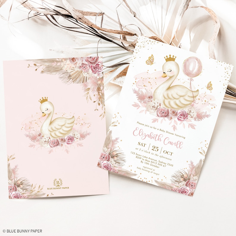 Boho Swan Princess Baby Shower Invitation Template Pink Gold Swan With Balloon Baby Girl Printable EDITABLE Instant Download, SWAN4 image 3