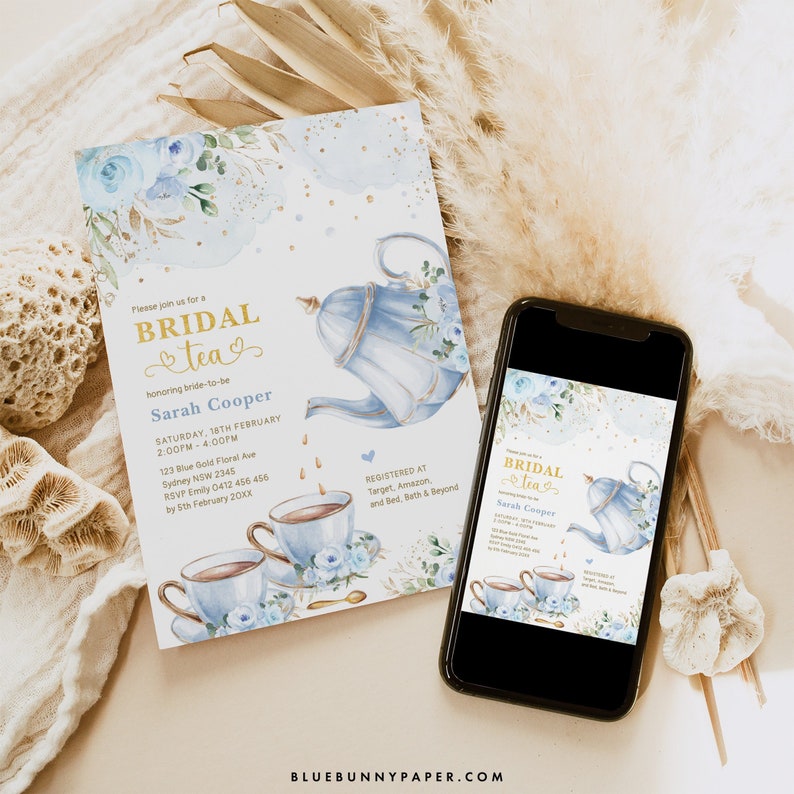 May include: A blue and gold bridal shower invitation with a teapot and teacups. The invitation says "Please join us for a Bridal Tea honoring bride-to-be Sarah Cooper" and includes the date, time, and RSVP information.