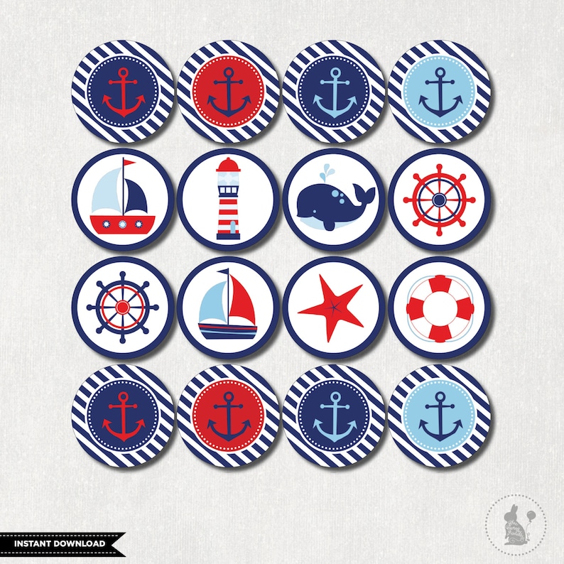 Nautical Cupcake Toppers Nautical Baby Shower Printables Etsy