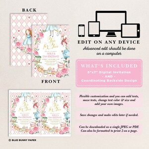 Thee voor twee verjaardagsuitnodiging, Alice in Wonderland bewerkbare sjabloon, Mad Hatter Tea Party uitnodigen, roze goud bloemen afdrukbare download AL1 afbeelding 3