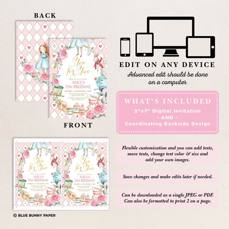 Thee voor twee verjaardagsuitnodiging, Alice in Wonderland bewerkbare sjabloon, Mad Hatter Tea Party uitnodigen, roze goud bloemen afdrukbare download AL1 afbeelding 3