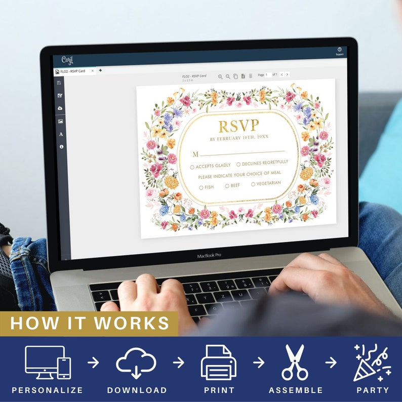May include: A digital design for a floral RSVP card with a gold border and text. The card has a floral wreath design with pink, blue, yellow, and white flowers. The text on the card reads "RSVP by February 10th, 20XX".