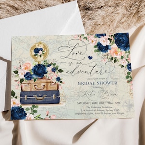 Reisthema bruidsuitnodiging liefde is een avontuur vintage afdrukbare uitnodiging vrijgezellenfeest marineblauwe bloemen bewerkbare sjabloon TRA8