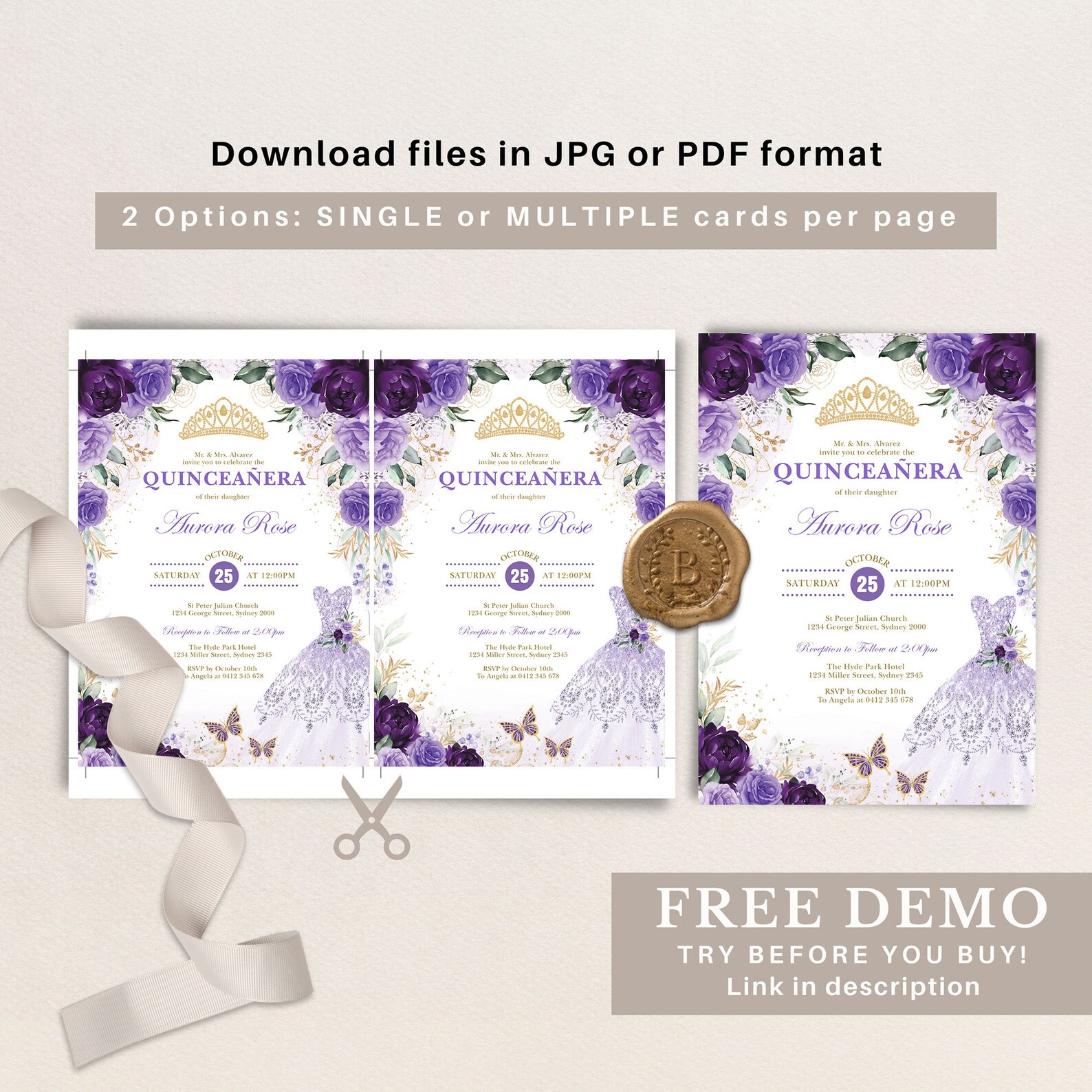 Editable Quinceañera Invitation Template, Purple Crown Princess Dress ...