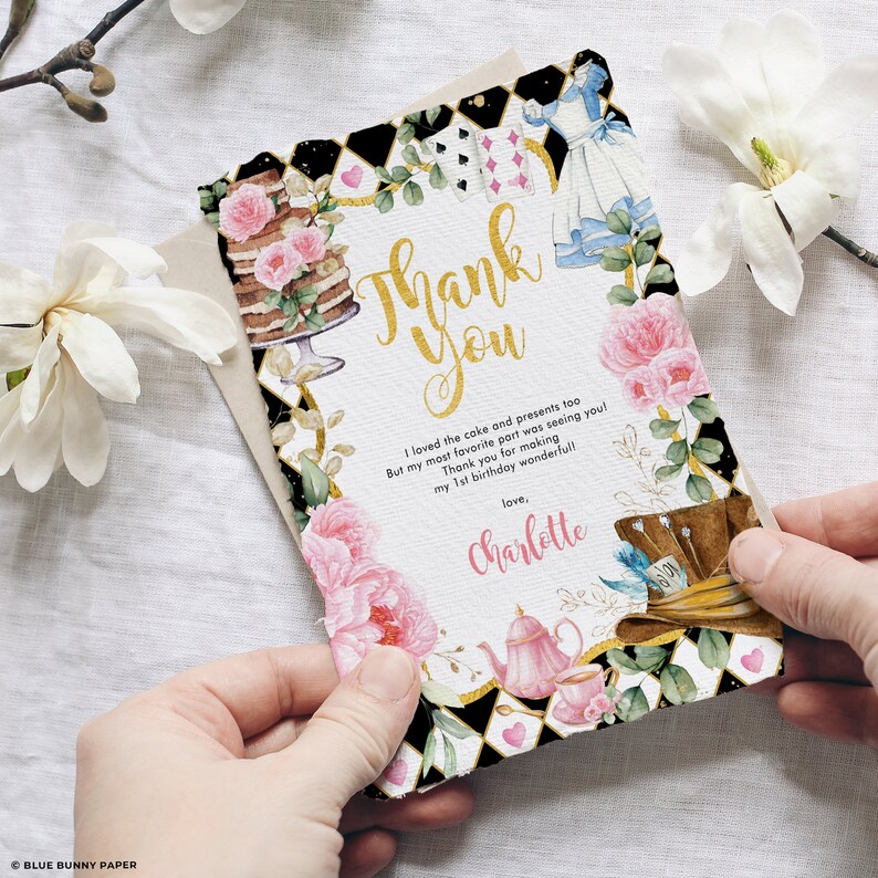 Alice in Wonderland Thank You Card, Mad Hatter Tea Party, Alice in Onederland Birthday, High Tea Baby Shower EDITABLE TEMPLATE Download, AL3 image 4