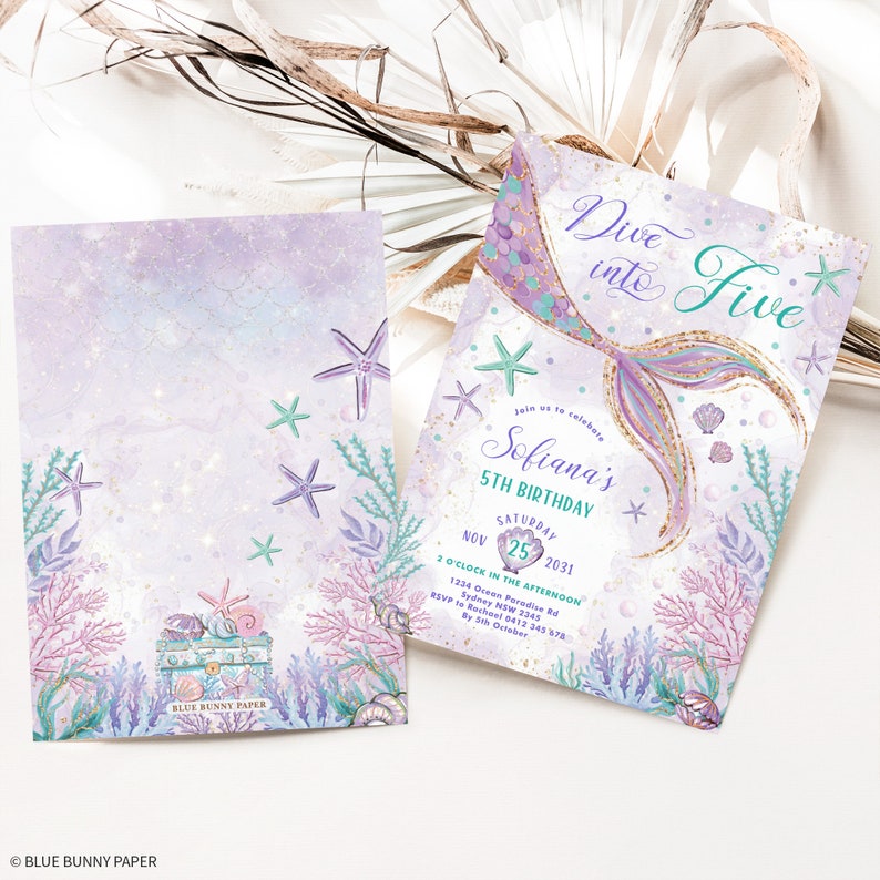 May include: Mermaid-themed birthday invitation with a purple and teal color scheme. The invitation features a mermaid tail, starfish, and seashells. The text reads "Dive into Five" and includes party details.