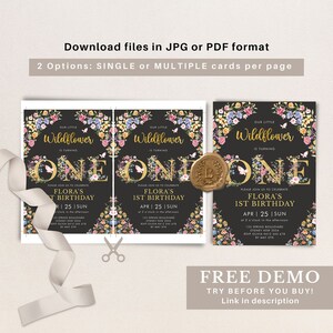 May include: A printable invitation for a first birthday party. The invitation features a black background with a floral design and gold text. The text reads "Our Little Wildflower is Turning One". The invitation also includes the child's name, the date of the party, and the time of the party.