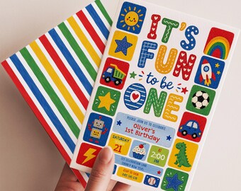 It's Fun to Be One Birthday Invitation: Colorful Boy 1st Birthday Canva Template, FUN10