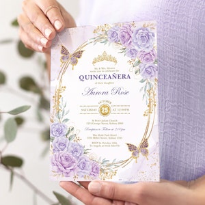 Lilac Gold Quinceanera Invitation Template Purple Lavender Floral Mis Quince 15 Anos Editable Birthday Invite Tiara Crown Butterflies FLO21