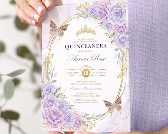 Lilac Gold Quinceanera Invitation Template Purple Lavender Floral Mis Quince 15 Anos Editable Birthday Invite Tiara Crown Butterflies FLO21