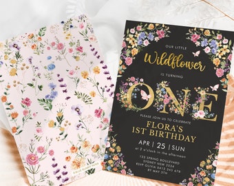 Editable Wildflower 1st Birthday Invitation Fiesta Garden Flowers Chalkboard Party Invite Spring Floral Printable Template Download, FLO2