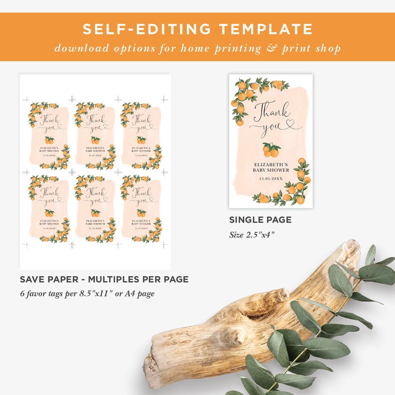 May include: Printable thank you tags with a peach background and orange blossoms. The text reads "Thank you" with a heart and "Elizabeth's Baby Shower 15.05.20XX". The tags are 2.5 inches by 4 inches.