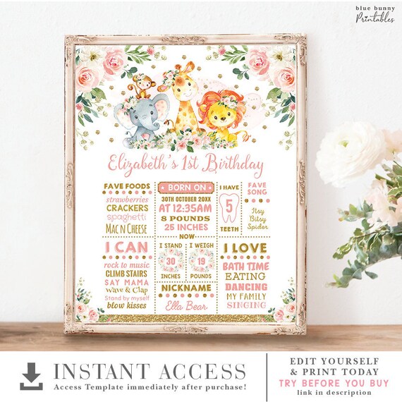 Girl Jungle 1st Birthday Milestone Poster. Safari Animals Blush Pink Watercolor Floral EDITABLE TEMPLATE. Party Decorations. JUN8 Il_570xn