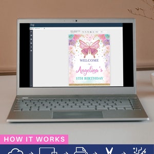 May include: A digital design template for a welcome sign featuring a pink butterfly with gold glitter accents. The text on the sign reads "Welcome to Angelina's 5th Birthday".
