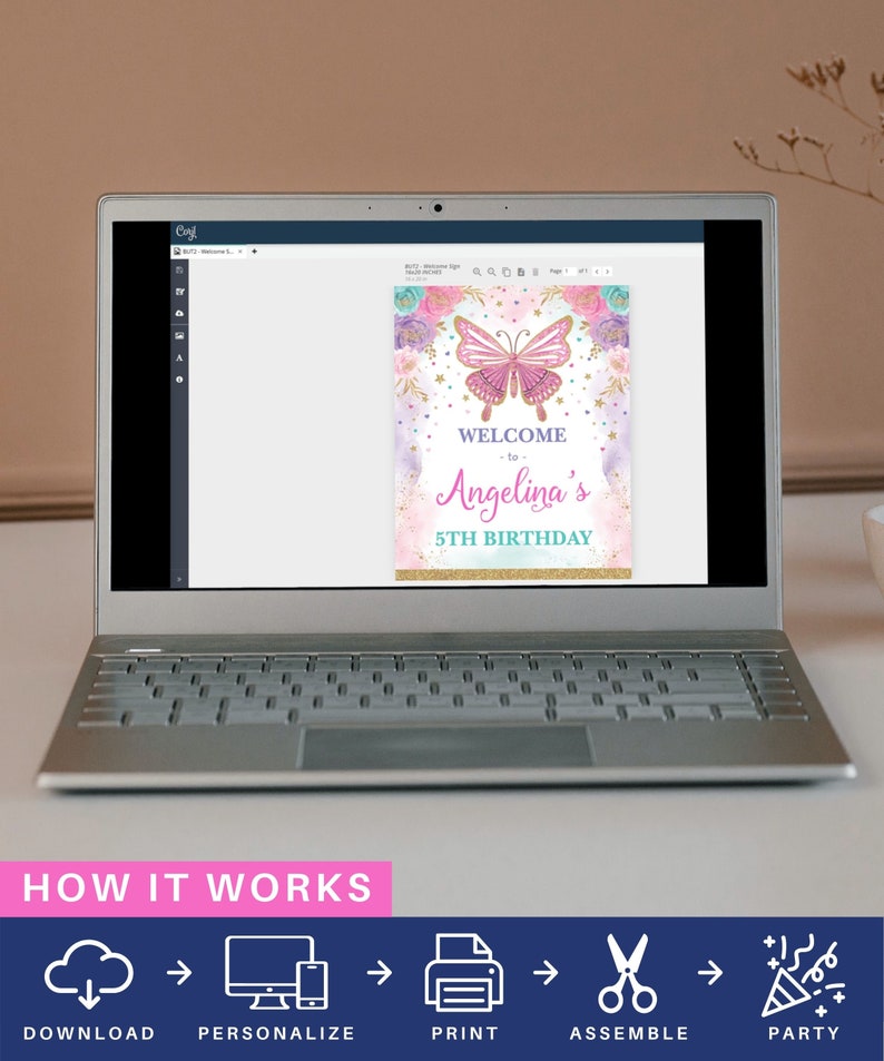 May include: A digital design template for a welcome sign featuring a pink butterfly with gold glitter accents. The text on the sign reads "Welcome to Angelina's 5th Birthday".