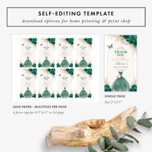 May include: A template for a quincea&ntilde;era, featuring a green dress design. The image shows multiple favor tags and a single-page option. Text includes "Thank You" and "Maria's Quincea&ntilde;era". The template is for home printing.