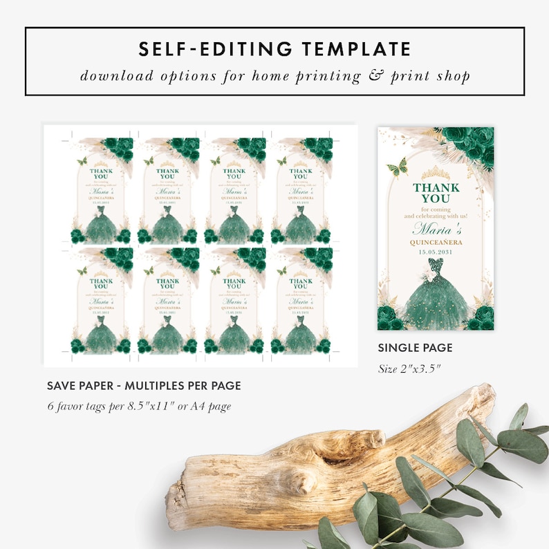 May include: A template for a quincea&ntilde;era, featuring a green dress design. The image shows multiple favor tags and a single-page option. Text includes "Thank You" and "Maria's Quincea&ntilde;era". The template is for home printing.
