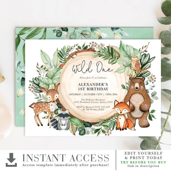Woodland Birthday Invitation. Forest Greenery 1st First Birthday Printable Invite. Wild One. Cute Animals. EDITABLE TEMPLATE. WOOD24 Il_570xn