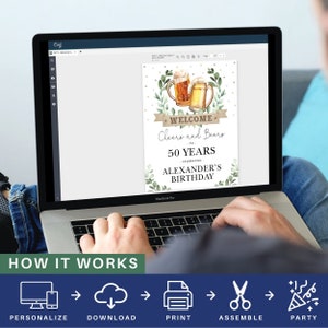 May include: A digital design for a birthday party welcome sign. The sign features two glasses of beer with green leaves and the text "Welcome to 50 Years Celebrating Alexander's Birthday".