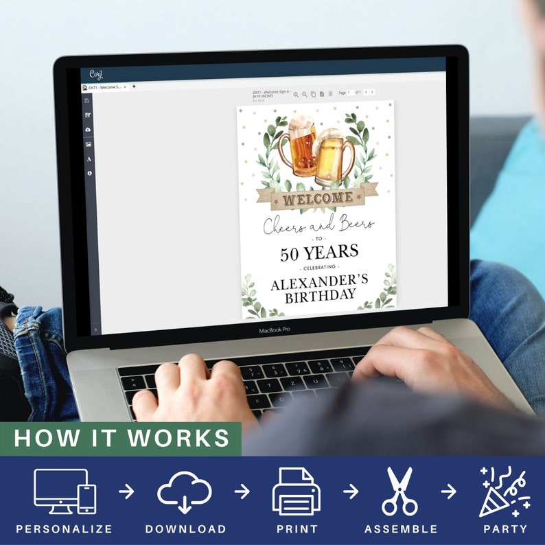 May include: A digital design for a birthday party welcome sign. The sign features two glasses of beer with green leaves and the text "Welcome to 50 Years Celebrating Alexander's Birthday".