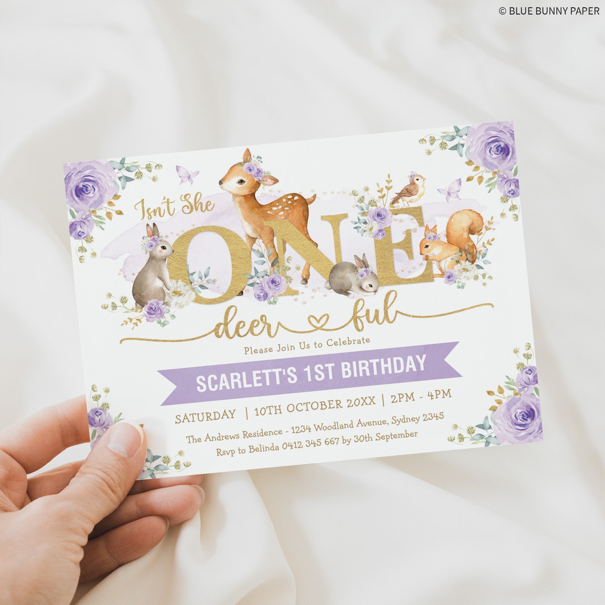 One-deer-ful Birthday Invitation, Purple Floral Woodland Deer 1st Birthday Invite, Lilac Gold Forest Animals Party EDITABLE TEMPLATE, WOOD16