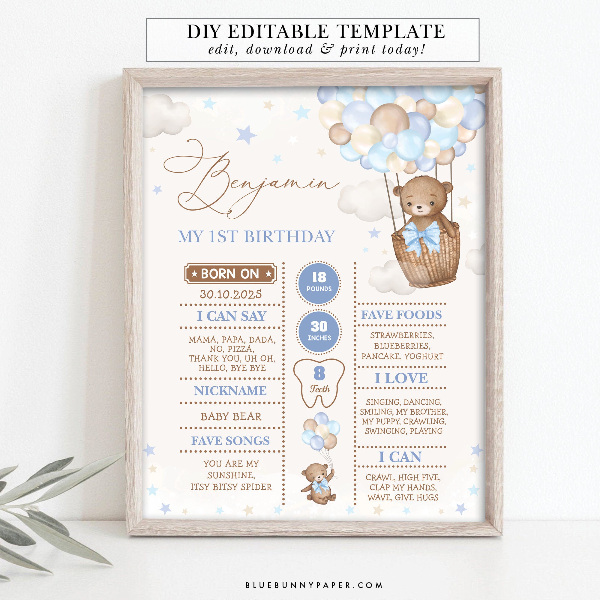 Teddy Bear 1st Birthday Milestone Poster Bear Hot Air Balloon ...