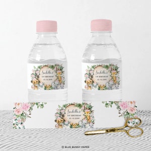 Girl Jungle Water Bottle Label, Wild One Birthday Party Favors, Safari Animals Baby Shower, Pink floral EDITABLE TEMPLATE Download, JUN16
