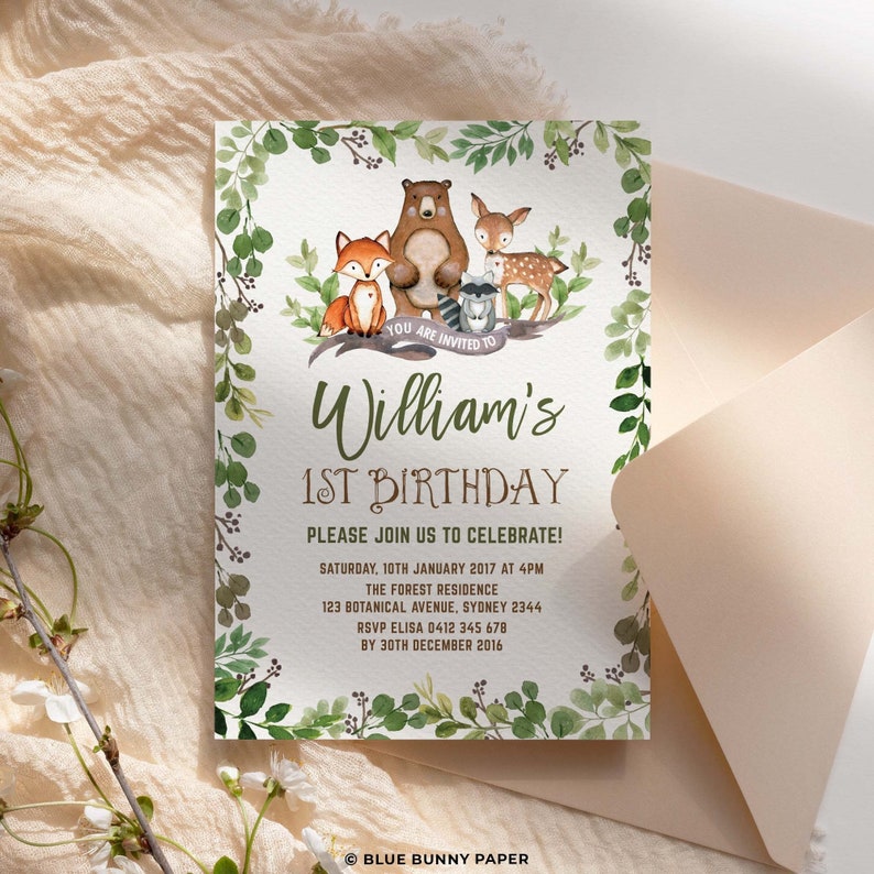 Botanical Woodland 1st Birthday EDITABLE Invitation. Greenery Forest Animals Printable Invite. Deer Fox Bear Raccoon INSTANT DOWNLOAD. BOT5 image 1