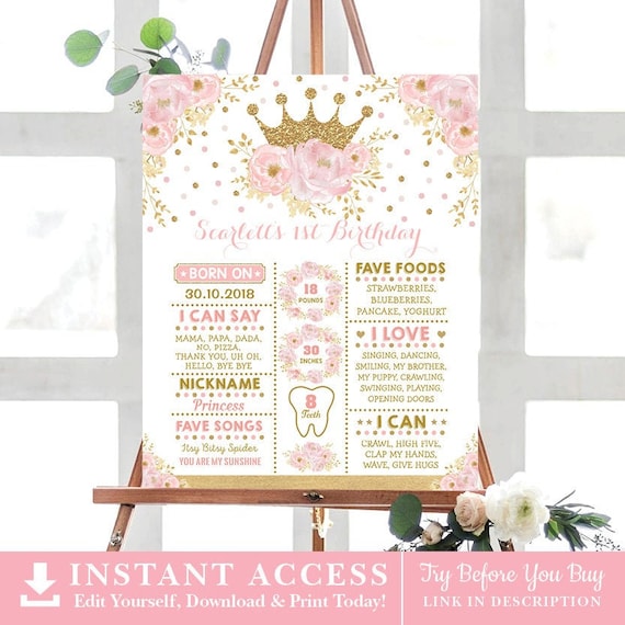 Princess 1st Birthday Milestone Poster. Blush Gold Crown Princess Chalkboard Sign. Pink Floral Royal Party EDITABLE TEMPLATE. FLO18I Il_570xn